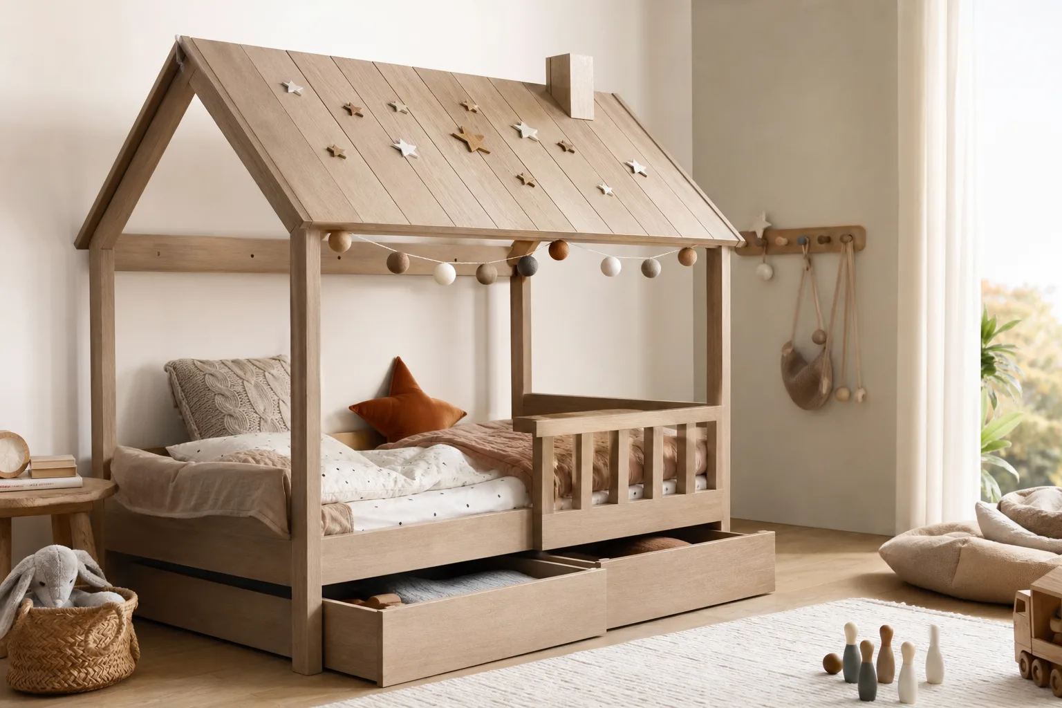 Lit cabane avec tiroirs et décoration personnalisable : personnalisez le lit selon vos envies