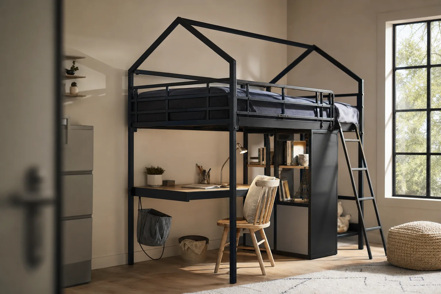 Lit mezzanine cabane avec cadre en métal : un design moderne et solide