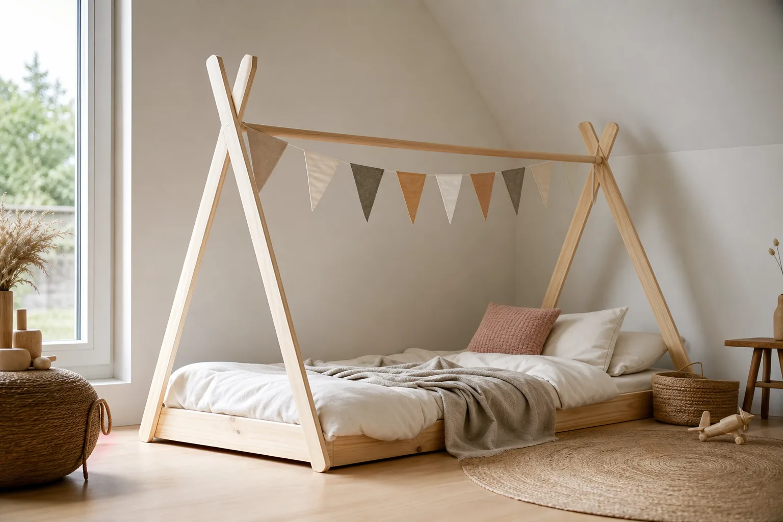 Lit tipi bois clair minimaliste : Sobriété et style avec un lit tipi en bois clair
