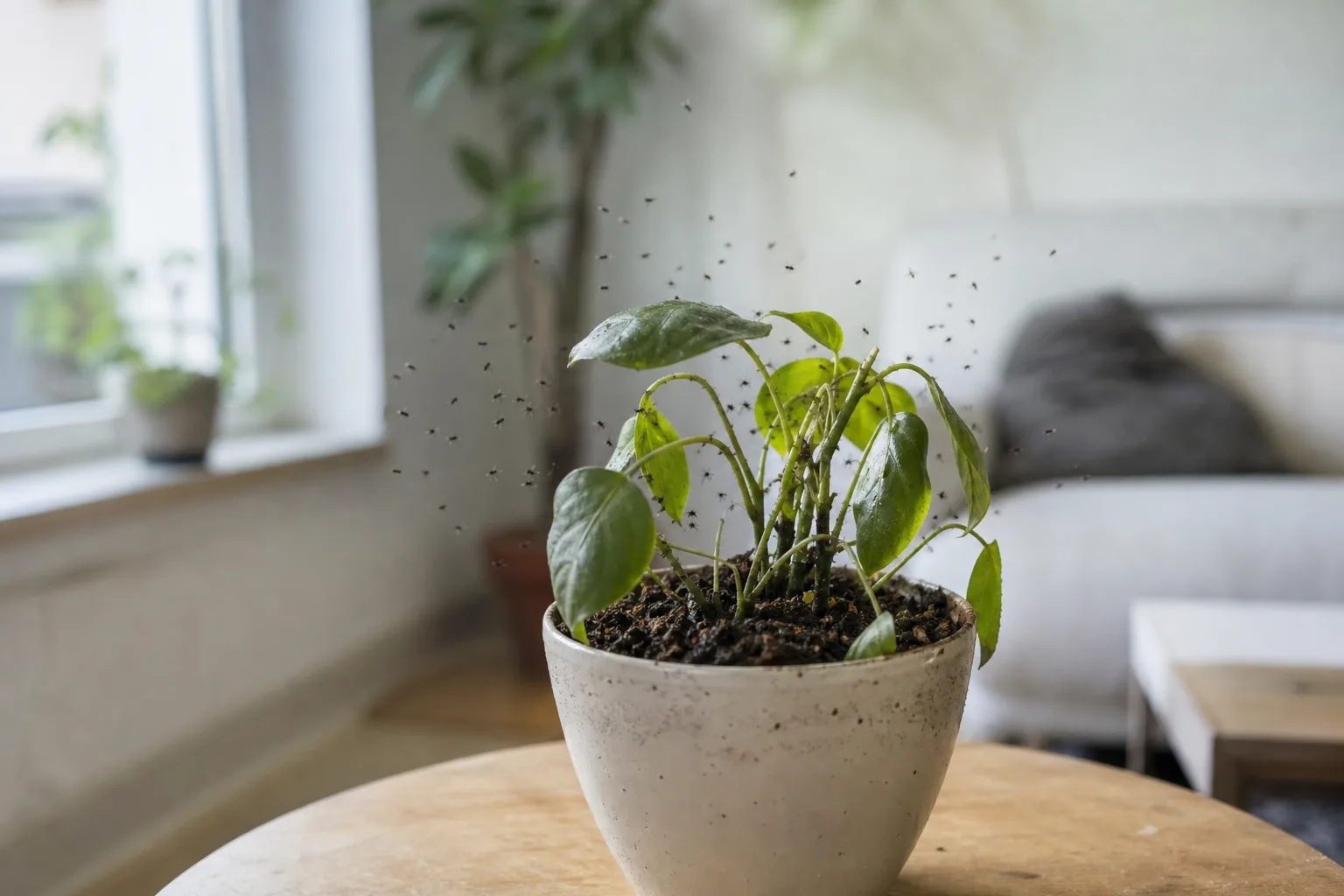 Plante d'intérieur envahie de moucherons malgré un arrosage modéré